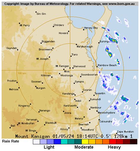Located at 343m on the summit of Mt Kanighan 26 km north of Gympie this radar has a very good view of any precipitation that may fall within its area of coverage. . Bom radar gympie 128km